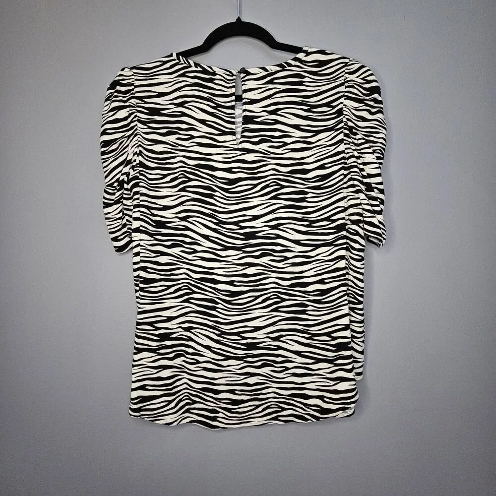 New  LOFT Womens Black‎ Beige Zebra Print Cinched Puff Sleeve Top Size Small